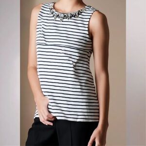 J. Crew Black and White Striped Tank Top with Embellished Neckline